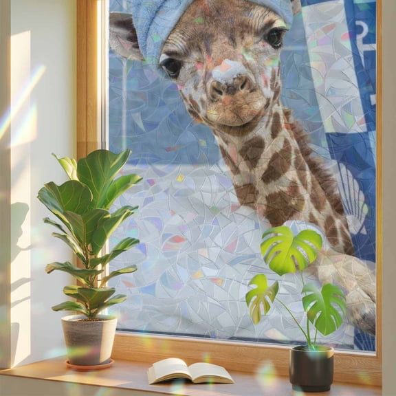 Window Privacy Film Bathing Giraffe Stained Glass Window Film Funny Animal Showering Rainbow Static Window Clings for Glass Windows Home Bathroom Living Room Office Glass Door Sticker 17.7"39.3"