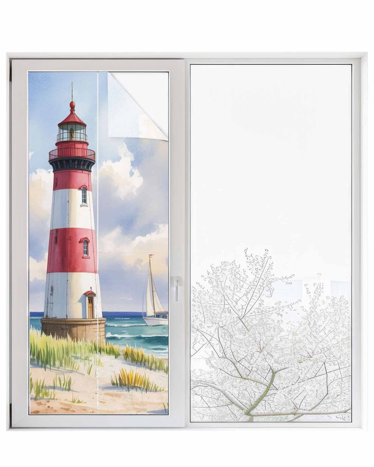 Window Privacy Film Beach Lighthouse Stained Glass Window Film Decorative Sun Block Window Cover Coastal Ocean Ship Sky Oil Painting Window Clings Static Adhesive Sticker for Bathroom 23.6"x59"