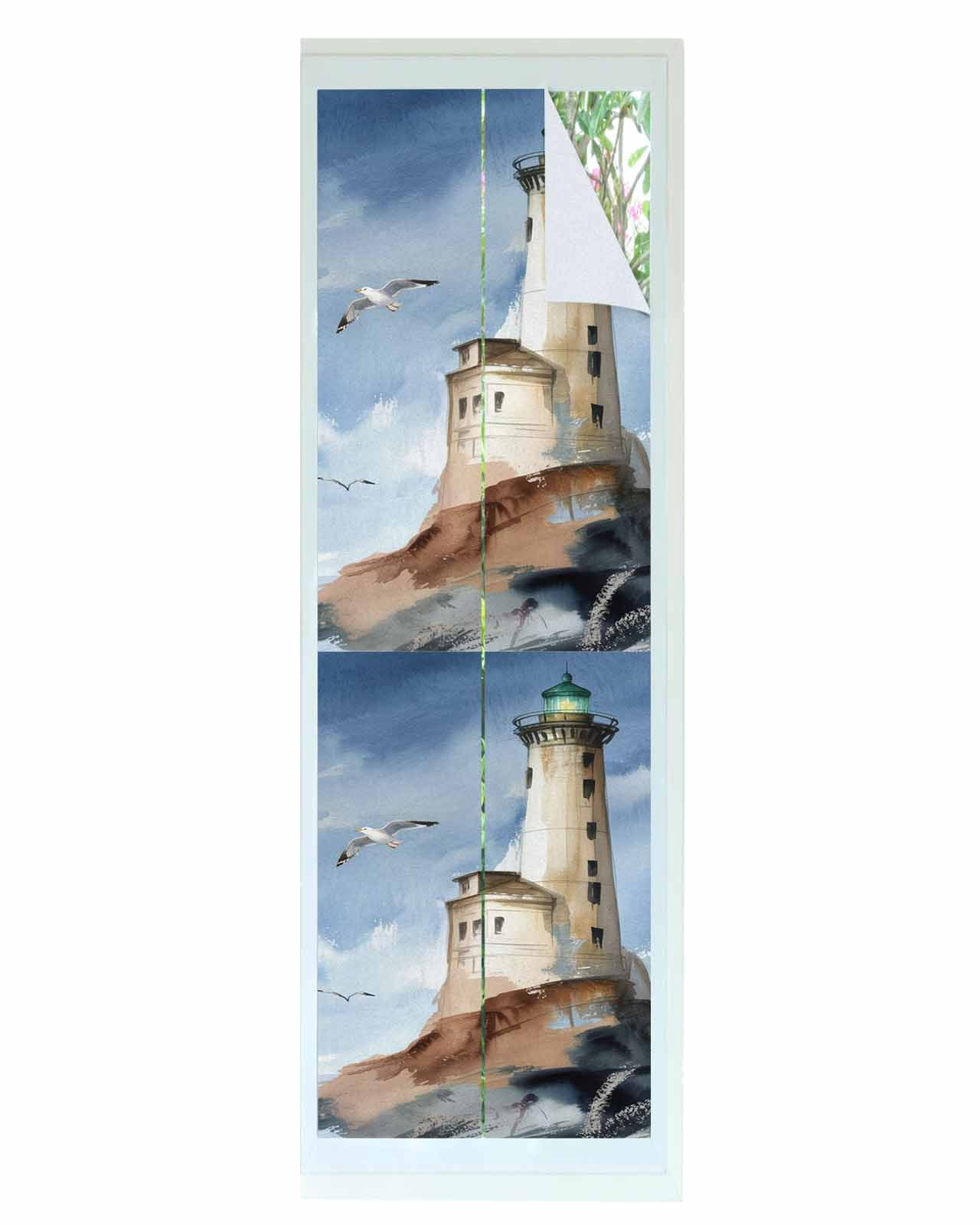 Window Privacy Film Beach Lighthouse Stained Glass Window Film Decorative Sun Block Window Cover Coastal Ocean Sky Birds Oil Painting Window Clings Static Adhesive Sticker for Bathroom 29.5"x118"