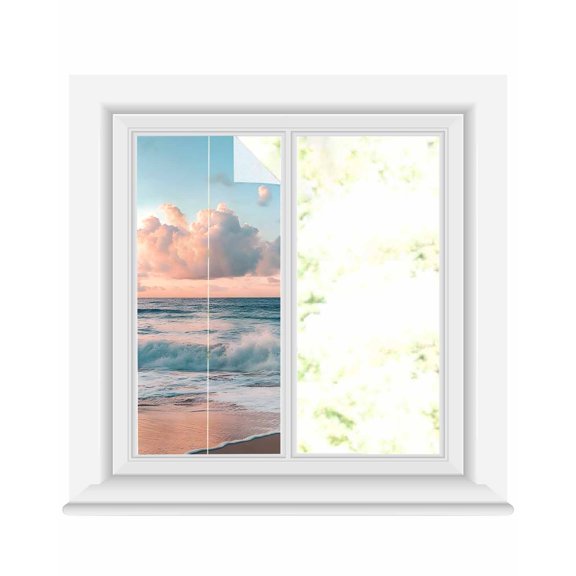 Window Privacy Film Beach Ocean Stained Glass Window Film Decorative Sun Block Window Cover Sunset Scenery Seashore Horizon Summer Window Clings Static Adhesive Sticker for Bathroom 19.6"x39.3"