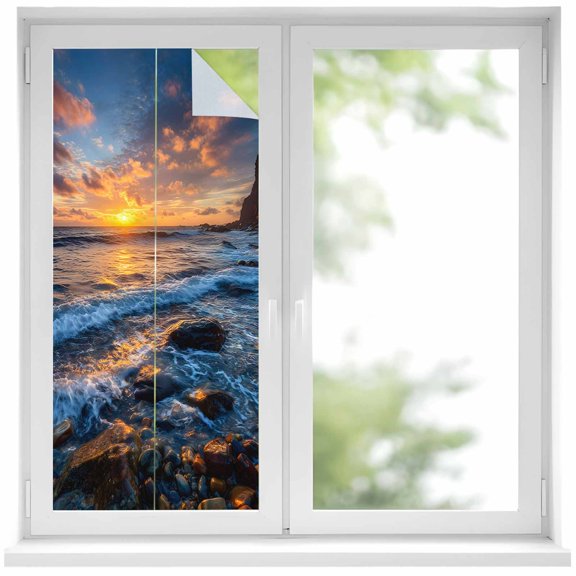 Window Privacy Film Beach Reef Stained Glass Window Film Decorative Sun Block Window Cover Beach Sunset Ocean Waves Natural Scenery Window Clings Static Adhesive Sticker for Bathroom 19.6"x39.3"