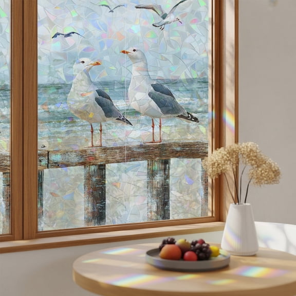 Window Privacy Film, Beach Seagull Stained Glass Rainbow Film Nautical Watercolor Ocean Bird Sky Cloud Decorative Window Clings, Static Cling Sun Blocking Stickers For Bathroom Bedroom 19.6"x39.3"