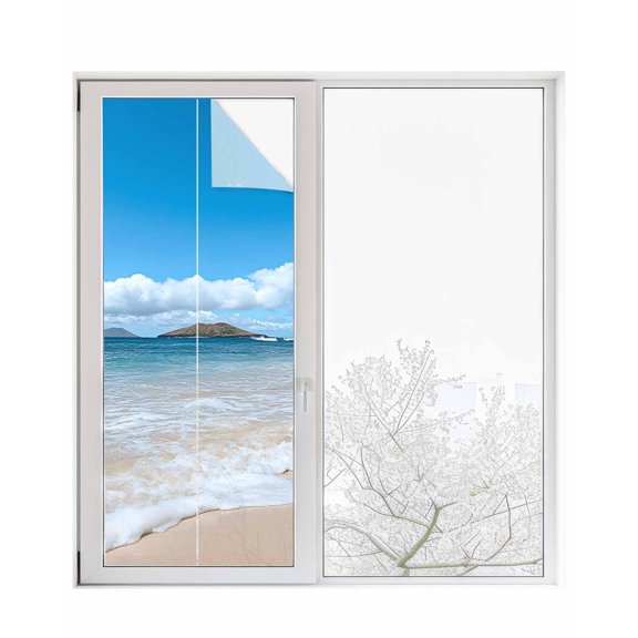 Window Privacy Film Beach Stained Glass Window Film Decorative Sun Block Window Cover Summer Ocean Blue Sky Sand Waves Modern Style Window Clings Static Adhesive Sticker for Bathroom 29.5"x78.7"