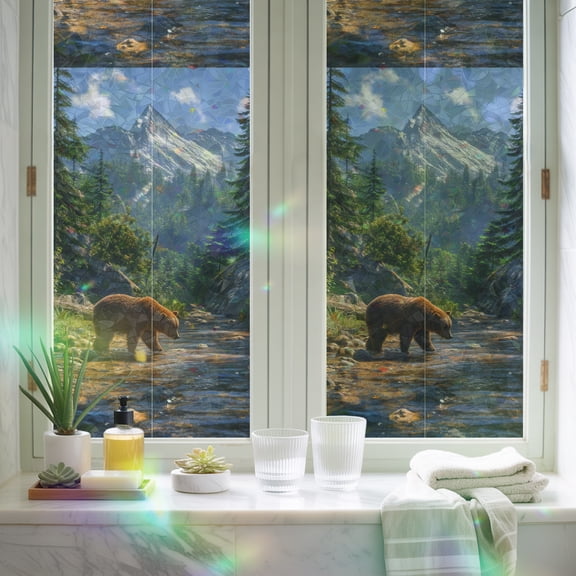Window Privacy Film,Bear Forest Mountains River Static Clings Decorative Rainbow Window Films Stickers Natural Scenery Sun Blocking Glass Cover for Home Bathroom Office,17.7"x39.3"