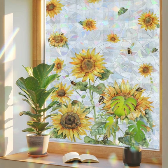 Window Privacy Film Bee Sunflower Stained Glass Window Film Farm Grey Buffalo Plaid Rainbow Static Window Clings for Glass Windows Home Bathroom Living Room Office Glass Door Sticker 17.7"39.3"