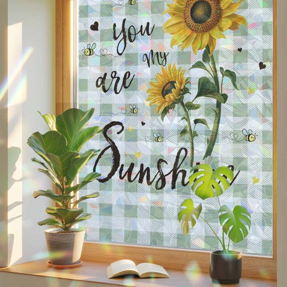 Window Privacy Film Bee Sunflower Stained Glass Window Film Sage Green Plaid You Are My Sunshine Static Window Clings for Glass Windows Home Bathroom Living Room Office Door Sticker 17.7"39.3"
