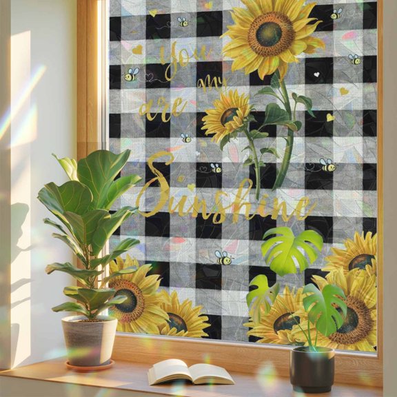 Window Privacy Film Bee Sunflowers Stained Glass Window Film Black Buffalo Plaid You Are My Sunshine Static Window Clings for Glass Windows Home Bathroom Living Room Office Door Sticker 17.7"39.3"