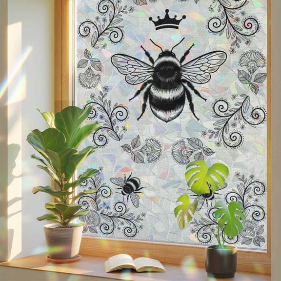 Window Privacy Film Bees Crowns Flower Rings on Linen Stained Glass Static Cling 18x39inch, Abstract Botantical Rainbow Window Film Glass Sticker for Bathroom Bedroom Home