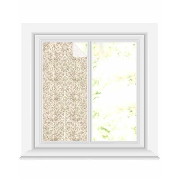 Window Privacy Film Beige Baroque Stained Glass Window Film Decorative Sun Block Window Cover Farmhouse Scroll Floral Pattern Art Window Clings Static Adhesive Sticker for Bathroom 19.6"x39.3"