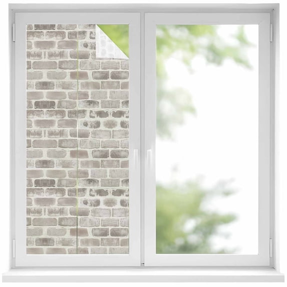 Window Privacy Film Beige Brick Wall Stained Glass Window Film Decorative Sun Block Window Cover Retro Country Stone Rocks Geometric Print Window Clings Static Sticker for Bathroom 17.7"x39.3"