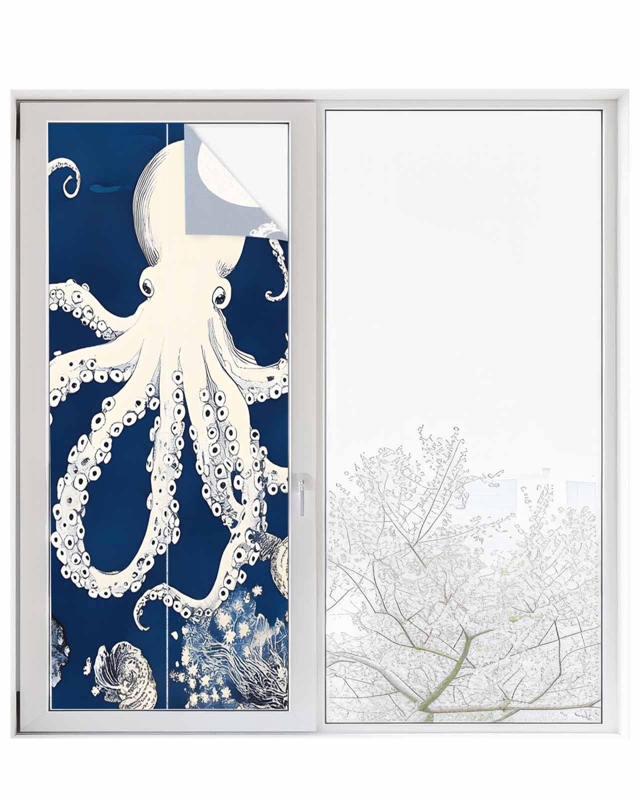 Window Privacy Film Beige Octopus Coastal Stained Glass Window Film Decorative Sun Block Window Cover Navy Blue Nautical Ocean Coral Window Clings Static Adhesive Sticker for Bathroom 23.6"x59"