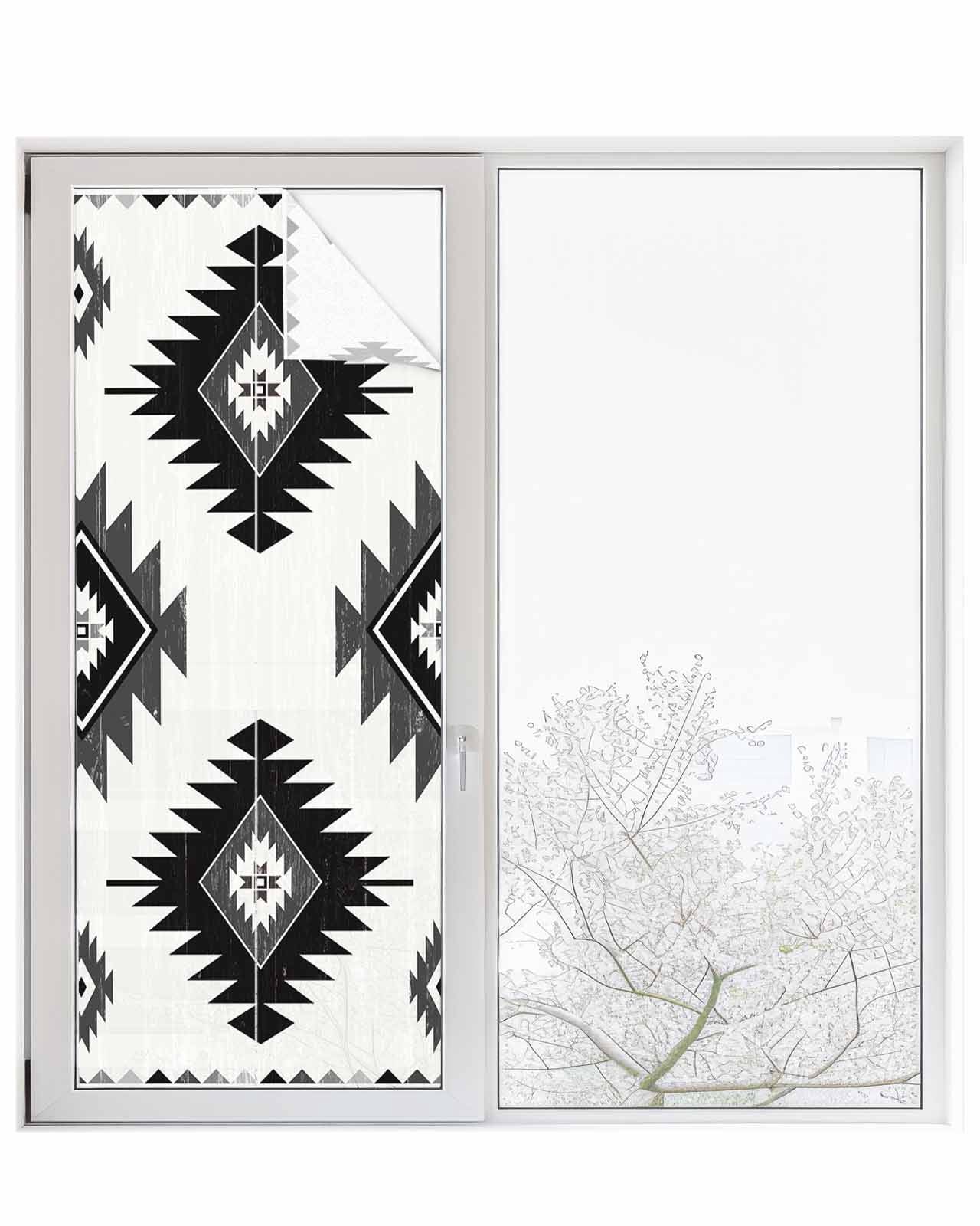 Window Privacy Film Black Aztec Stained Glass Window Film Decorative Sun Block Window Cover Southwest Boho Tribal Abstract Geometric Window Clings Static Adhesive Sticker for Bathroom 23.6"x59"