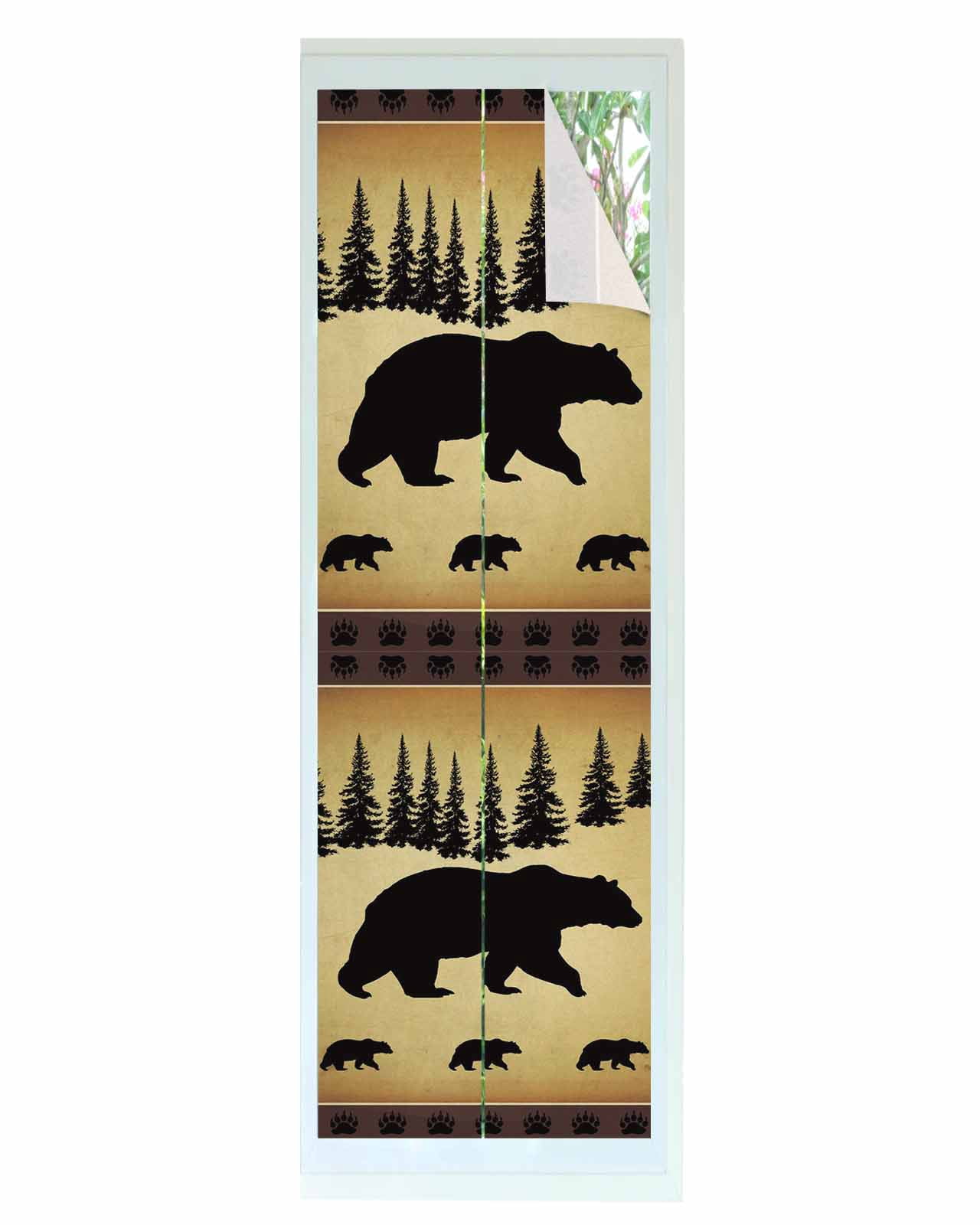 Window Privacy Film Black Bear Stained Glass Window Film Decorative Sun Block Window Cover Vintage Animals Farmhouse Pine Brown Forest Window Clings Static Adhesive Sticker for Bathroom 17.7"x78.7"