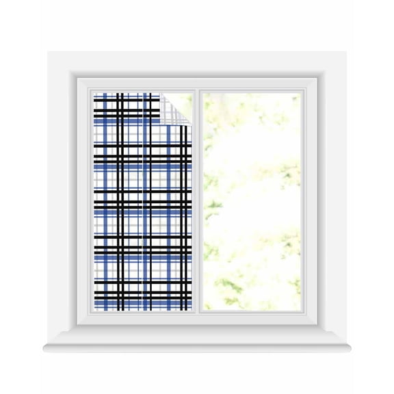 Window Privacy Film,Black Blue Grey Plaid UV Sun Blocking Window Tint Film Heat Control One Way Blackout Window Film,Simple Check Stripes Lines Country Non Adhesive Static Cling Sticker 19.6x39.3 In