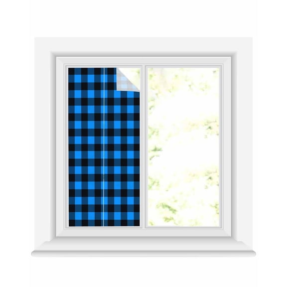 Window Privacy Film Black Blue Plaid Stained Glass Window Film Decorative Sun Block Window Cover Country Buffalo Checked Gingham Window Clings Static Adhesive Sticker for Bathroom 17.7"x39.3"