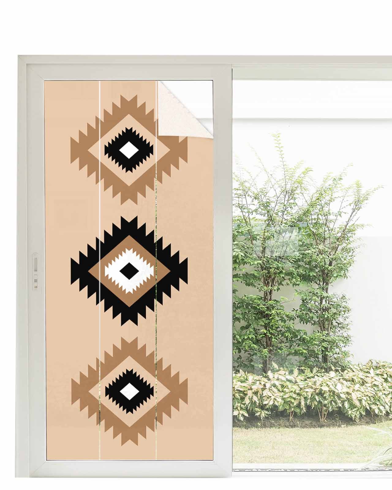 Window Privacy Film, Black Brown Boho Aztec UV Sun Blocking Window Tint Film Heat Control One Way Blackout Window Film, Morocco Mexican Geometric Bohemian Non Adhesive Static Cling 35.4x78.7 In