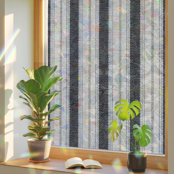 Window Privacy Film Black Cream Striped Stained Glass Static Cling 18x39inch, Rustic Minimalist Vertical Line Rainbow Window Film Glass Sticker for Bathroom Bedroom Home