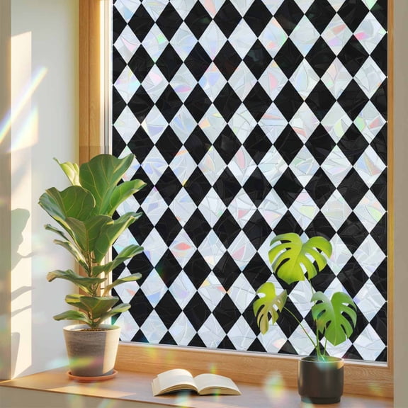Window Privacy Film Black Diamond Plaid Stained Glass Window Film White Geometric Check Rainbow Static Window Clings for Glass Windows Home Bathroom Living Room Office Glass Door Sticker 17.7"39.3"