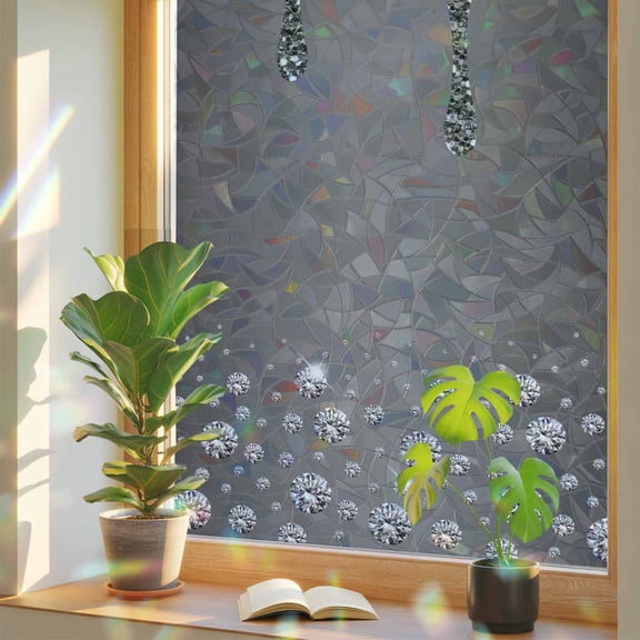Window Privacy Film Black Diamond Stained Glass Window Film Luxury Bling Water Drop Rainbow Static Window Clings for Glass Windows Home Bathroom Living Room Office Glass Door Sticker 17.7"39.3"