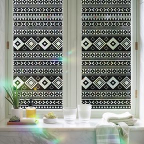 Window Privacy Film,Black Geometric Boho Stripes Static Clings Decorative Rainbow Window Films Stickers Retro Middle Ages Diamond Sun Blocking Glass Cover for Home Bathroom Office,17.7"x39.3"