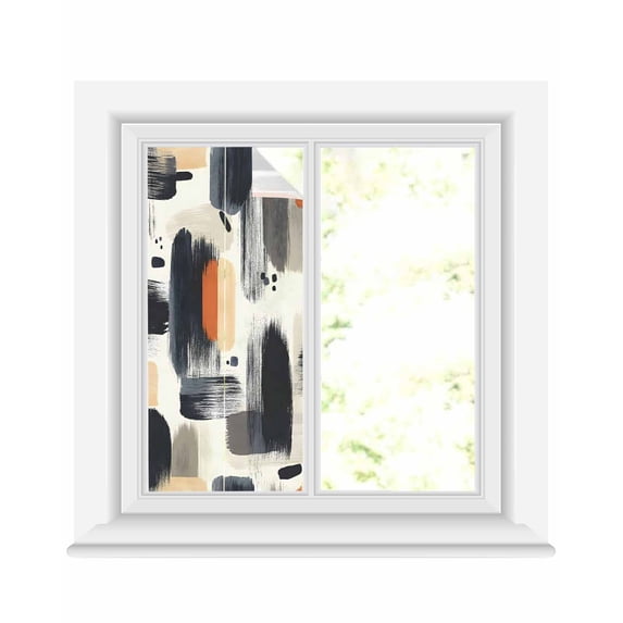 Window Privacy Film Black Geometric Stained Glass Window Film Decorative Sun Block Window Cover Beige Abstract Minimalist Artwork Window Clings Static Adhesive Sticker for Bathroom 19.6"x39.3"