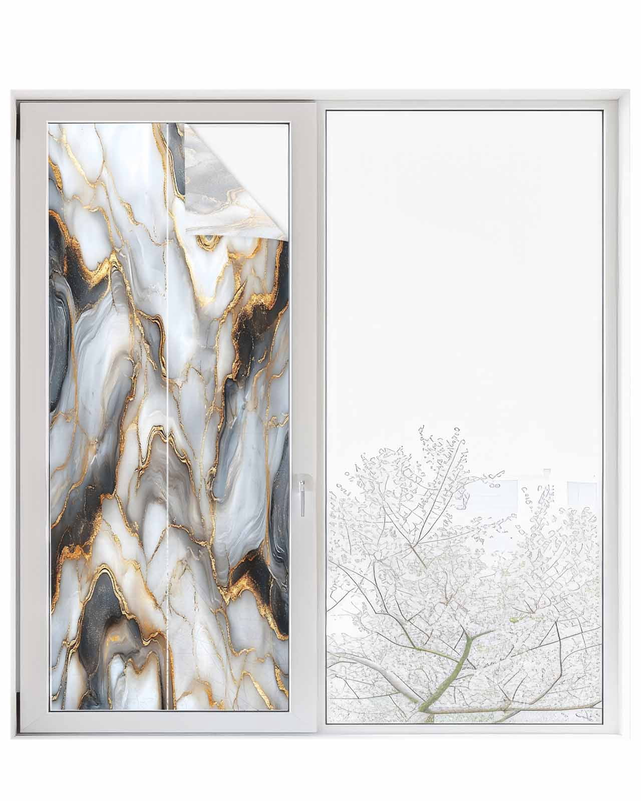 Window Privacy Film Black Golden Marble Stained Glass Window Film Decorative Sun Block Window Cover Modern Minimalism Abstract Window Clings Static Adhesive Sticker for Bathroom 29.5"x78.7"