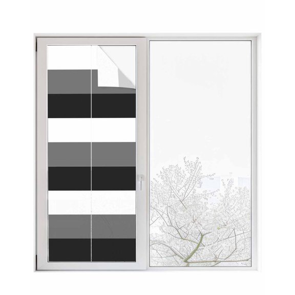 Window Privacy Film, Black Grey Farmhouse Striped Sun Blocking Window Tint Film Heat Control One Way Blackout Window Film, Modern Geometric Lines Simple Stripes Non Adhesive Static Cling 29.5x78.7 In