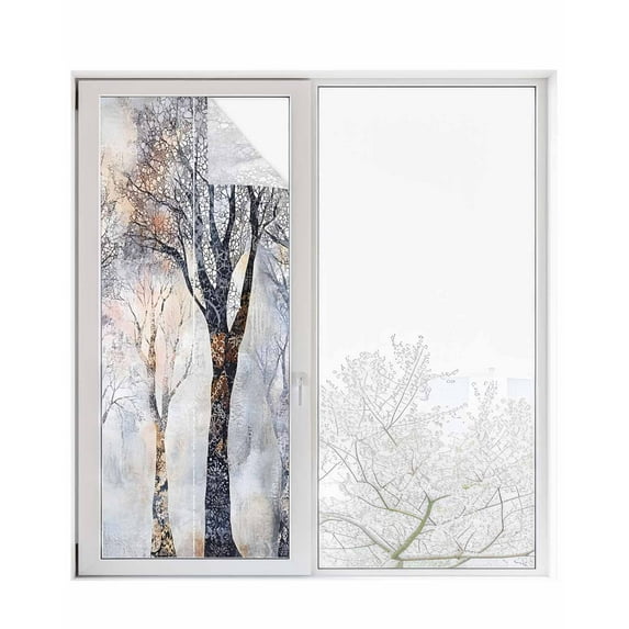 Window Privacy Film Black Grey Tree Stained Glass Window Film Decorative Sun Block Window Cover Vintage Abstract Boho Trunk Branch Window Clings Static Adhesive Sticker for Bathroom 23.6"x59"