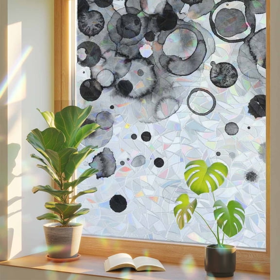 Window Privacy Film Black Ink Points Stained Glass Window Film Abstract Art Bubble Rainbow Static Window Clings for Glass Windows Home Bathroom Living Room Office Glass Door Sticker 17.7"39.3"
