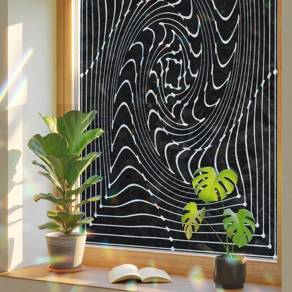 Window Privacy Film Black Inverse Vortex Stained Glass Window Film Abstract Warped Waves Rainbow Static Window Clings for Glass Windows Home Bathroom Living Room Office Glass Door Sticker 17.7"39.3"