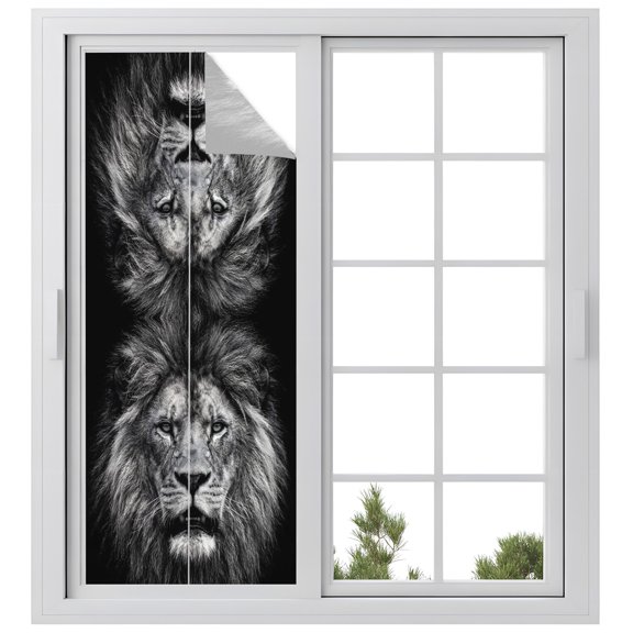 Window Privacy Film Black Lion Stained Glass Window Film Decorative Sun Block Window Cover African Lions Jungle Vintage Wildlife Animals Window Clings Static Adhesive Sticker for Bathroom 23.6"x59"