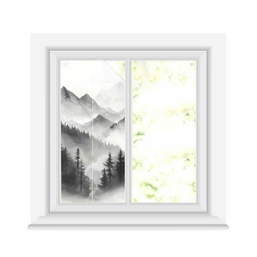 Window Privacy Film Black Mist Forest Stained Glass Window Film Decorative Sun Block Window Cover Vintage Natural Mountain Landscape Window Clings Static Adhesive Sticker for Bathroom 17.7"x39.3"