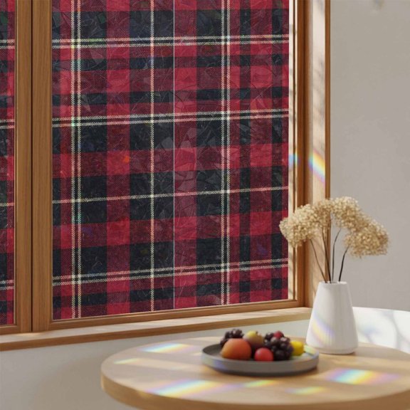 Window Privacy Film, Black Red Plaid Stained Glass Rainbow Film Classic Rustic Buffalo Check Grid Decorative Window Clings, Static Cling Sun Blocking Stickers For Bathroom 29.5"x118"