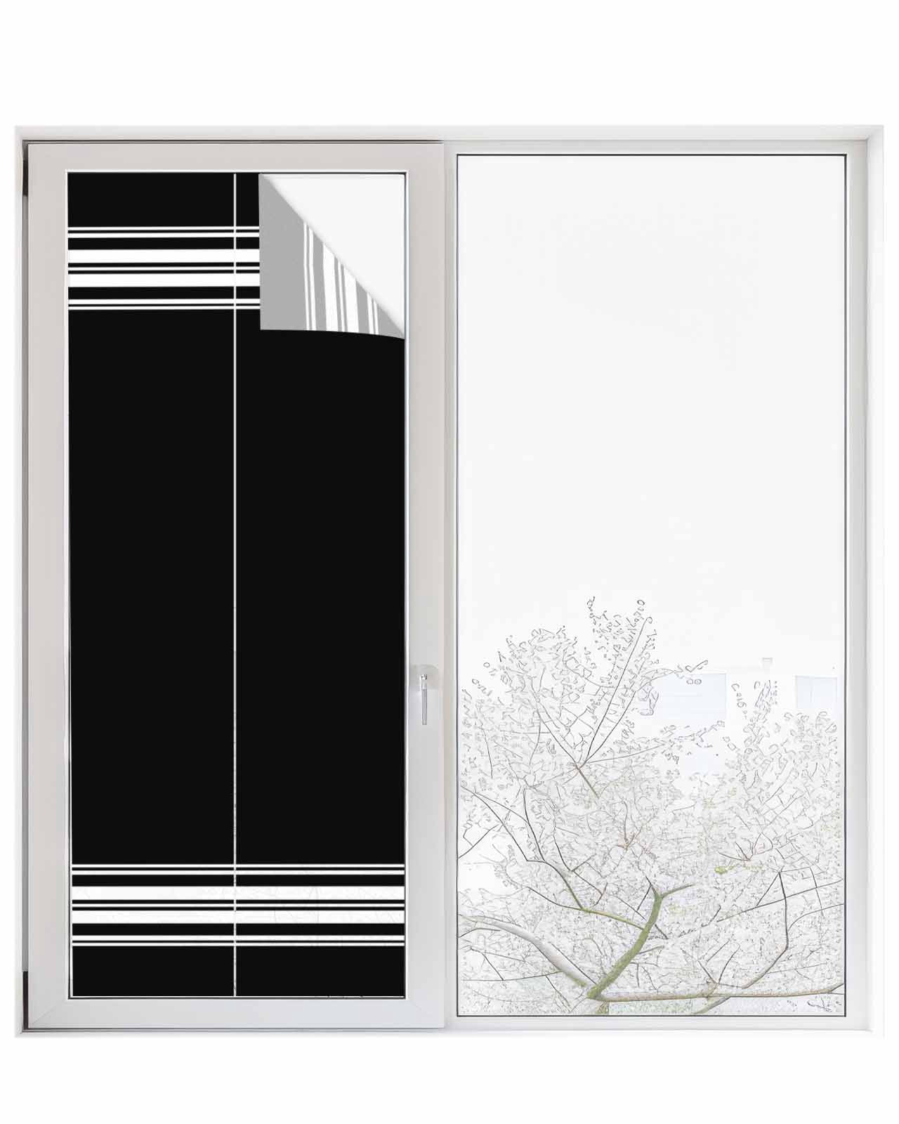 Window Privacy Film,Black Stripes UV Sun Blocking Window Tint Film Heat Control One Way Blackout Window Film,Farmhouse Modern White Vertical Lines Non Adhesive Static Cling Window Sticker 23.6x59 In