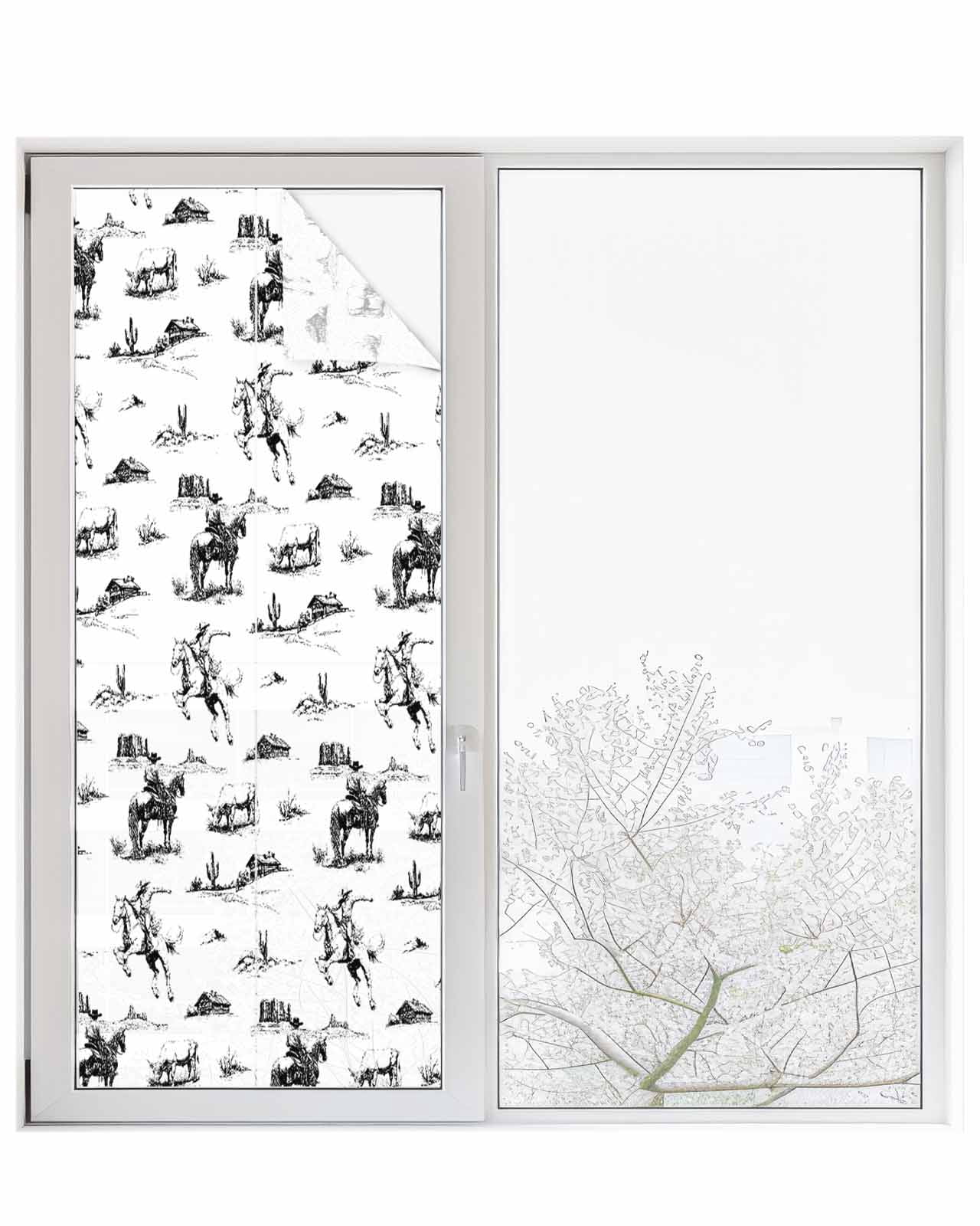 Window Privacy Film Black Western Cowboy Stained Glass Window Film Decorative Sun Block Window Cover Vintage Horse Cactus Ethnic Art Window Clings Static Adhesive Sticker for Bathroom 23.6"x59"