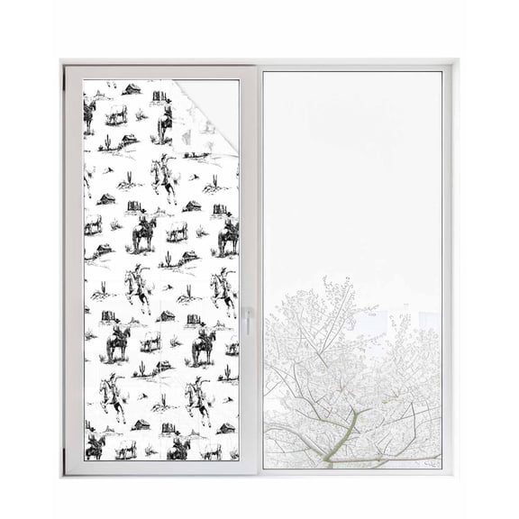 Window Privacy Film Black Western Cowboy Stained Glass Window Film Decorative Sun Block Window Cover Vintage Horse Cactus Ethnic Art Window Clings Static Adhesive Sticker for Bathroom 23.6"x59"