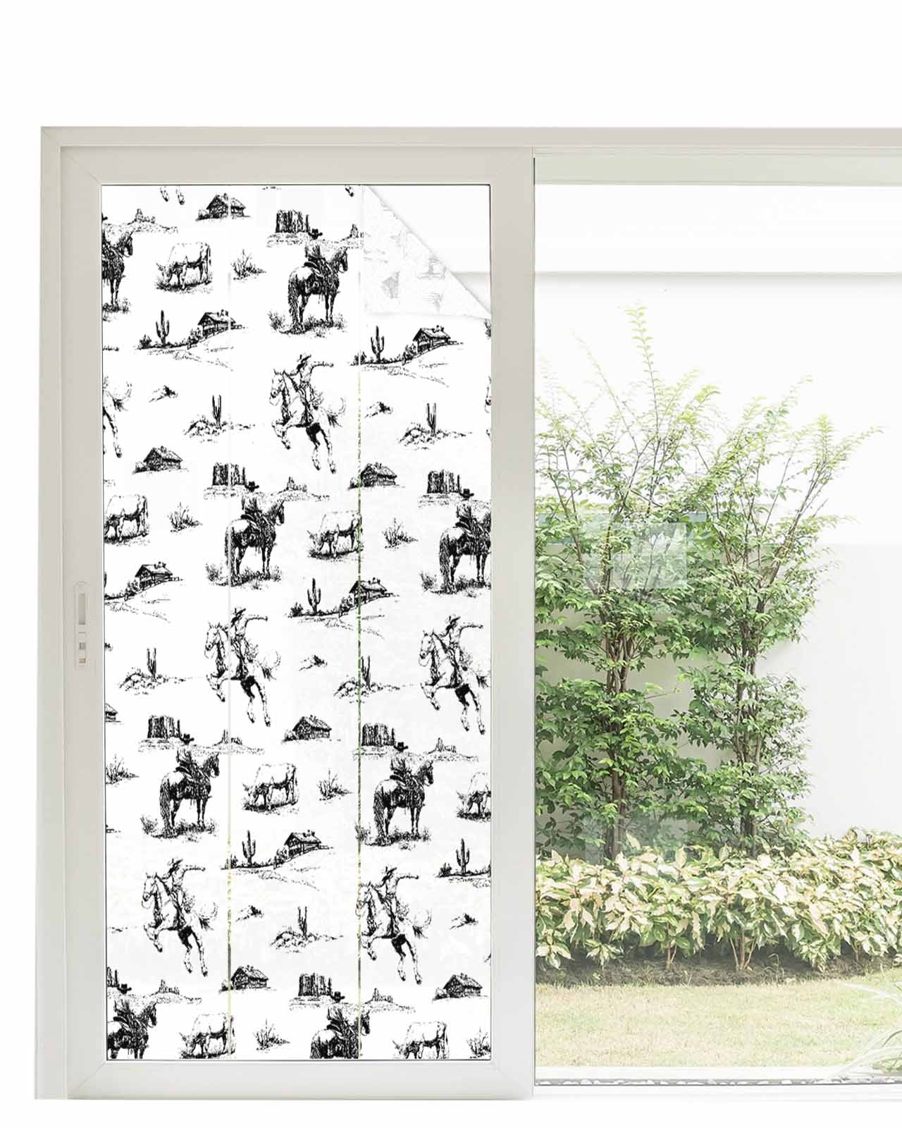 Window Privacy Film Black Western Cowboy Stained Glass Window Film Decorative Sun Block Window Cover Vintage Horse Cactus Ethnic Art Window Clings Static Adhesive Sticker for Bathroom 35.4"x78.7"