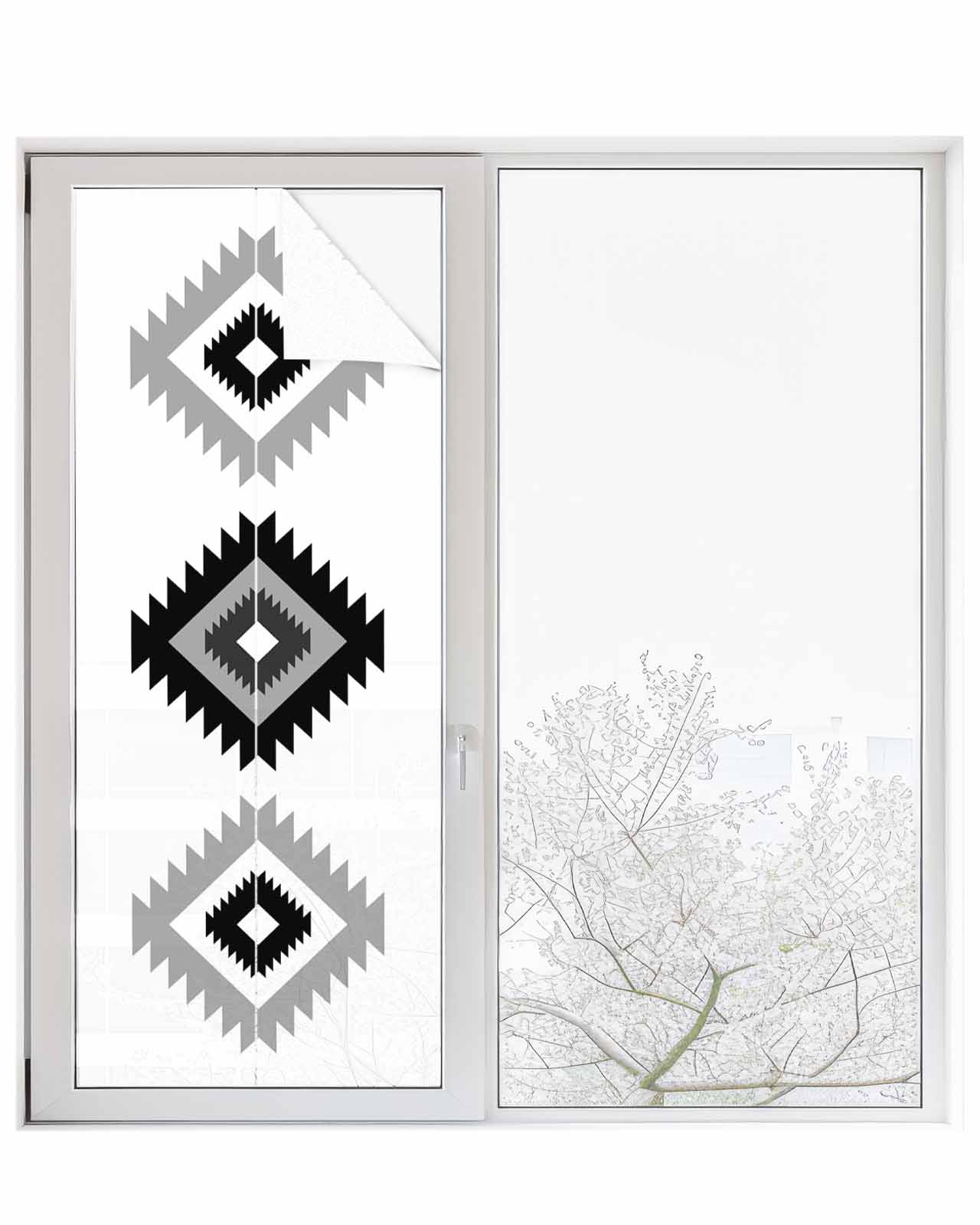 Window Privacy Film, Black White Boho Aztec UV Sun Blocking Window Tint Film Heat Control One Way Blackout Window Film, Morocco Mexican Geometric Bohemian Non Adhesive Static Cling Sticker 23.6x59 In