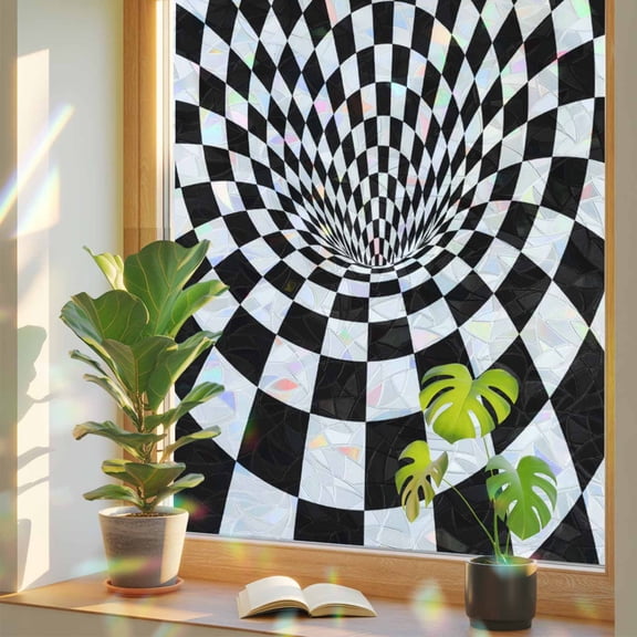 Window Privacy Film Black White Checker Stained Glass Window Film 3D Abstract Mosaic Tiles Rainbow Static Window Clings for Glass Windows Home Bathroom Living Room Office Door Sticker 17.7"39.3"