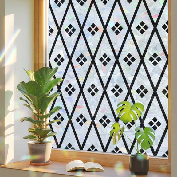Window Privacy Film Black White Diamond Stained Glass Window Film Geometric Rhombus Rainbow Static Window Clings for Glass Windows Home Bathroom Living Room Office Glass Door Sticker 17.7"39.3"