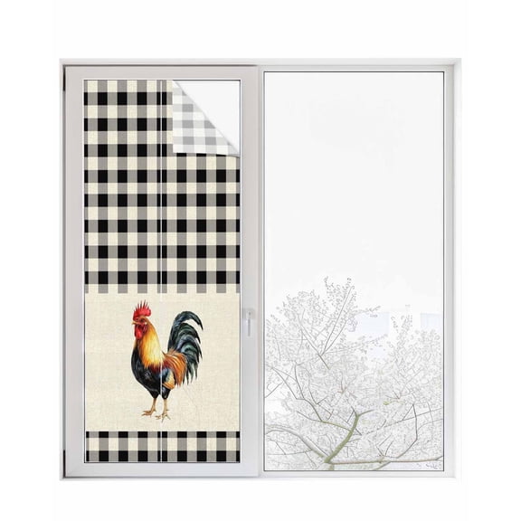 Window Privacy Film Black White Plaid Rooster Stained Glass Window Film Decorative Sun Block Window Cover Vintage Farmhouse Checkered Rustic Window Clings Static Sticker for Bathroom 23.6"x59"