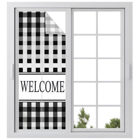 Window Privacy Film Black White Plaid Stained Glass Window Film Decorative Sun Block Window Cover Farmhouse Welcome Sign Buffalo Check Window Clings Static Adhesive Sticker for Bathroom 23.6"x59"