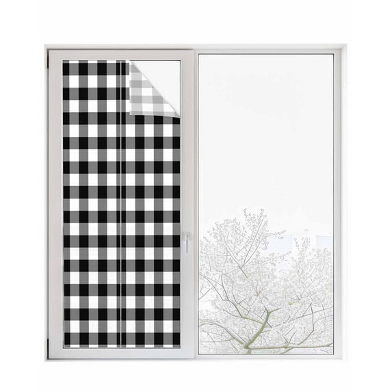 Window Privacy Film Black White Plaid Stained Glass Window Film Decorative Sun Block Window Cover Gradient Geometric Buffalo Checkered Window Clings Static Adhesive Sticker for Bathroom 23.6"x59"