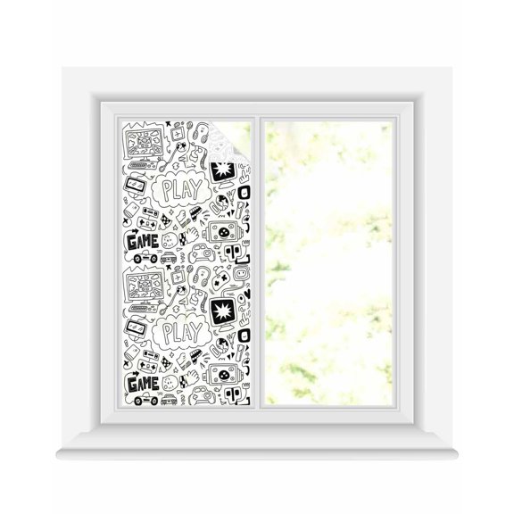 Window Privacy Film Black White Stained Glass Window Film Decorative Sun Block Window Cover Game Console Computer Gaming Sketch Style Window Clings Static Adhesive Sticker for Bathroom 17.7"x39.3"