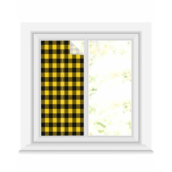 Window Privacy Film Black Yellow Plaid Stained Glass Window Film Decorative Sun Block Window Cover Retro Country Buffalo Check Gingham Window Clings Static Adhesive Sticker for Bathroom 17.7"x39.3"