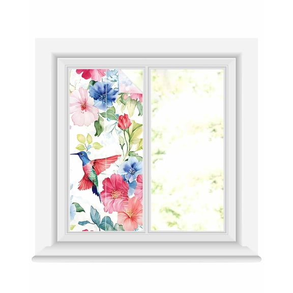 Window Privacy Film Blooming Pink Floral Stained Glass Window Film Decorative Sun Block Window Cover Pastoral Chic Flowers Hummingbird Window Clings Static Adhesive Sticker for Bathroom 17.7"x39.3"