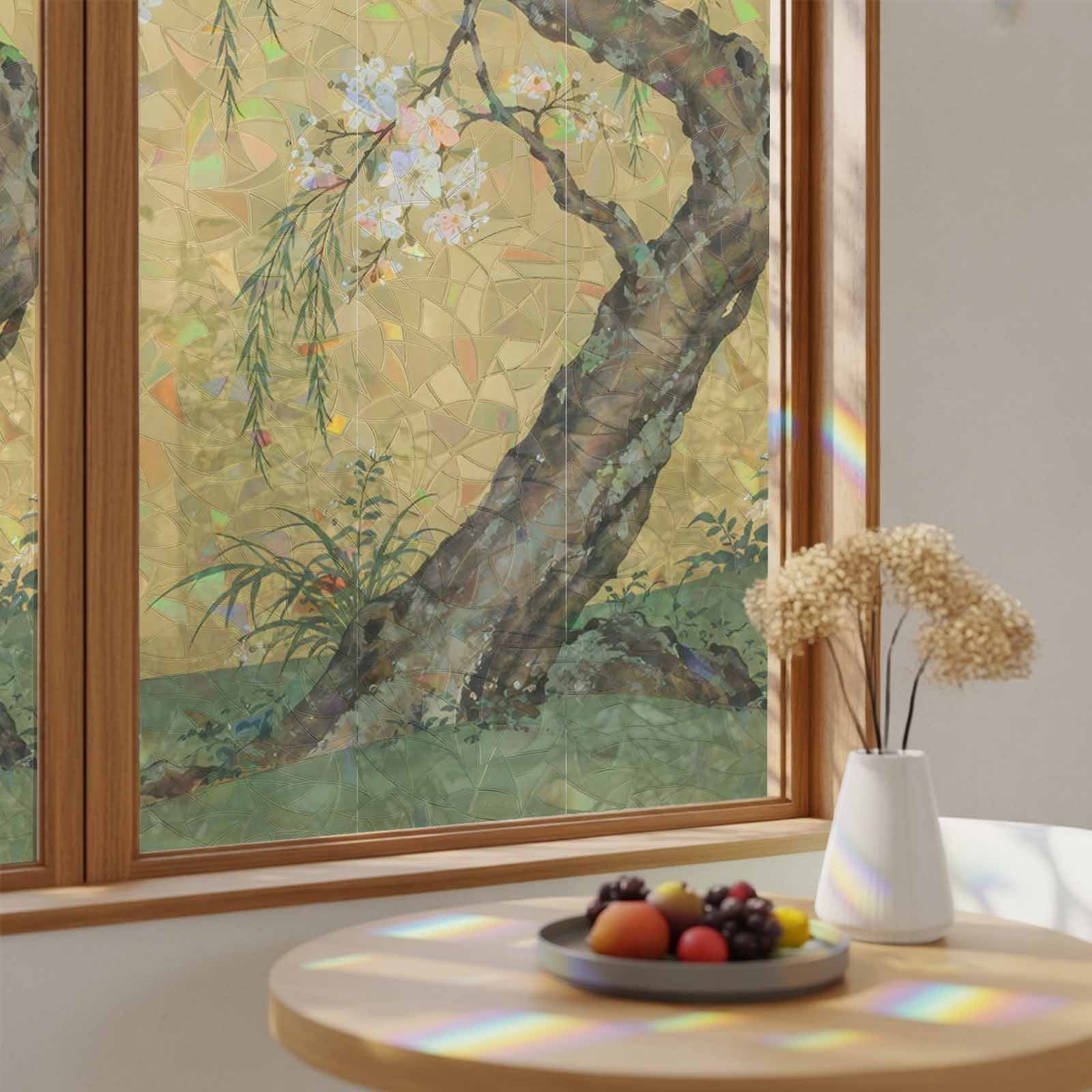 Window Privacy Film, Blooming Tree Stained Glass Rainbow Film Spring ...