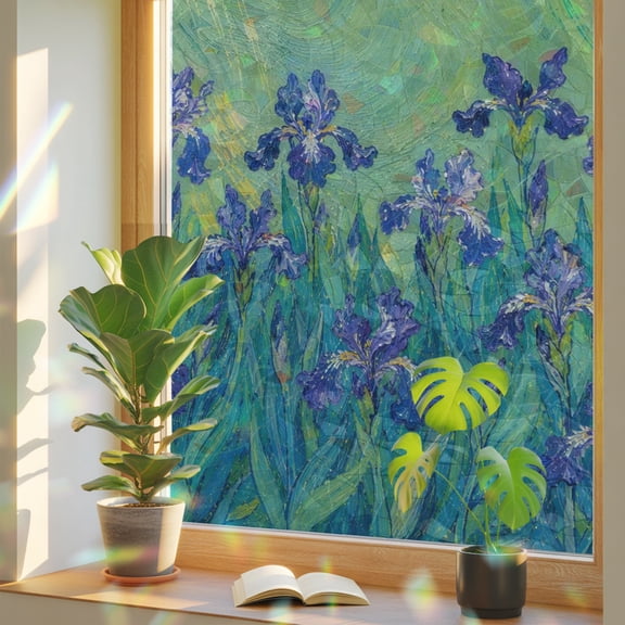 Window Privacy Film Blossom Purple Irises Green Leaves Stained Glass Static Cling 18x39inch, Garden Oil Painting Art Rainbow Window Film Glass Sticker for Bathroom Bedroom Home