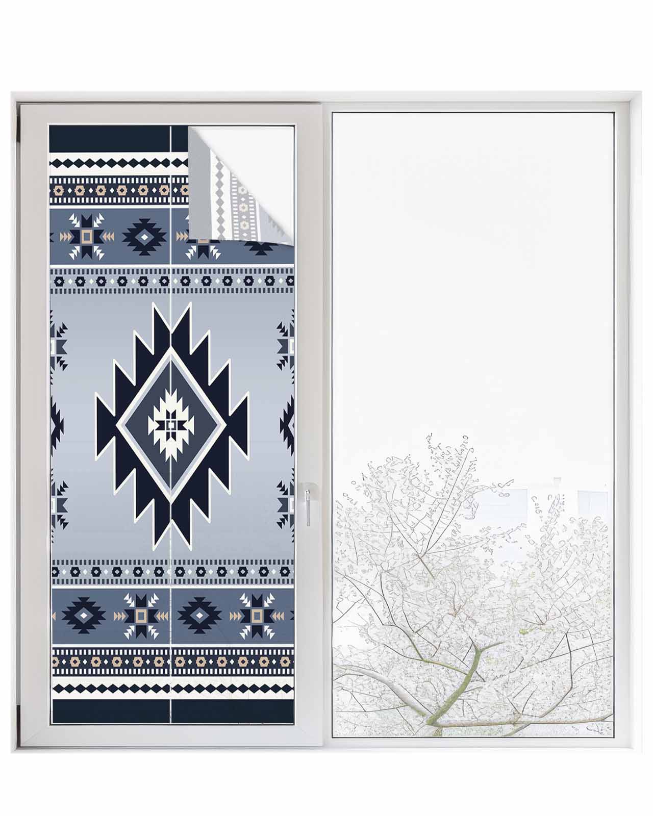 Window Privacy Film Blue Aztec Stained Glass Window Film Decorative Sun Block Window Cover Boho Southwest Farmhouse Ethnic Motifs Window Clings Static Adhesive Sticker for Bathroom 23.6"x59"