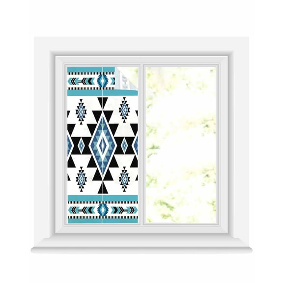 Window Privacy Film Blue Aztecs Stained Glass Window Film Decorative Sun Block Window Cover Southwestern Stripe Native American Boho Window Clings Static Adhesive Sticker for Bathroom 17.7"x39.3"